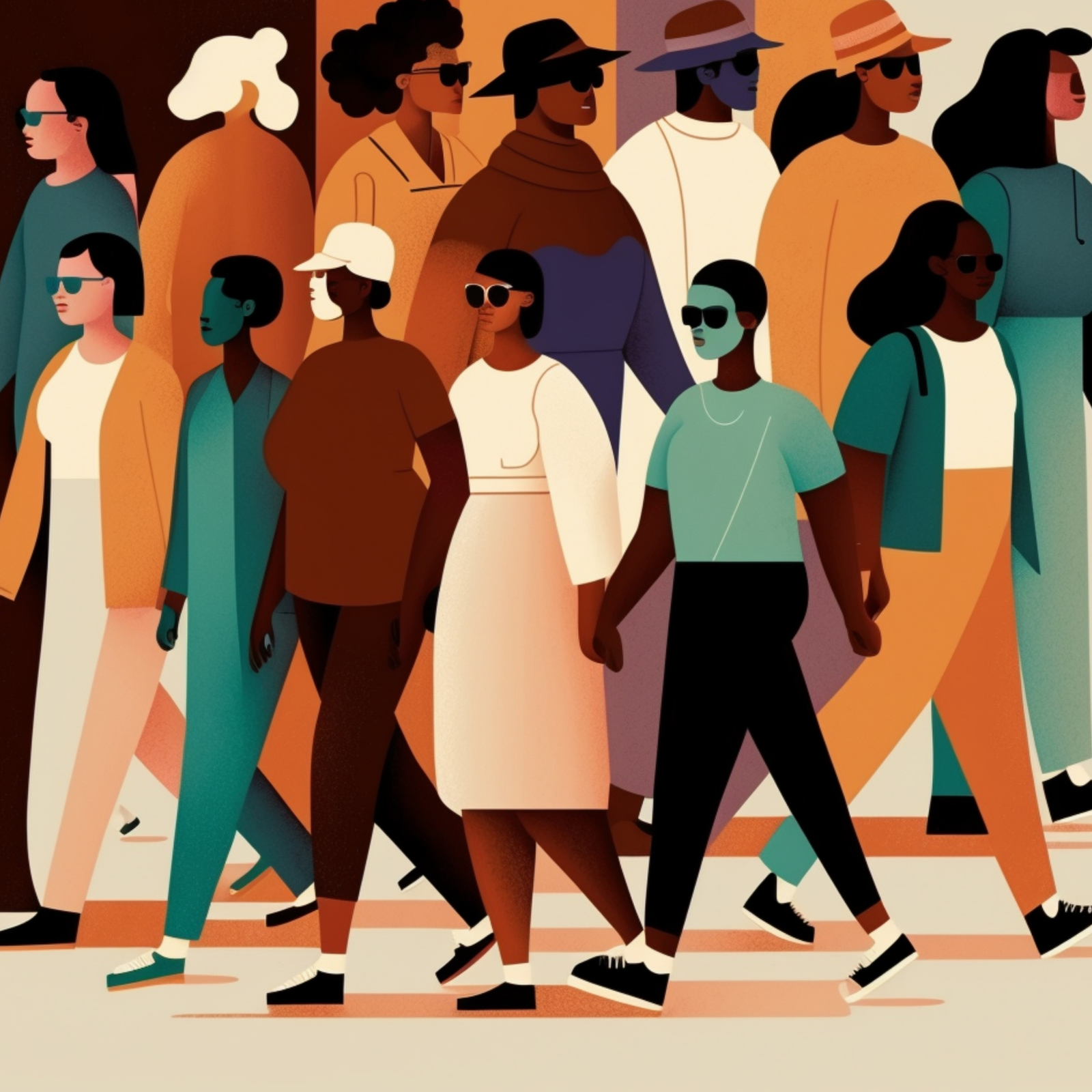 Illustration of diverse people walking.